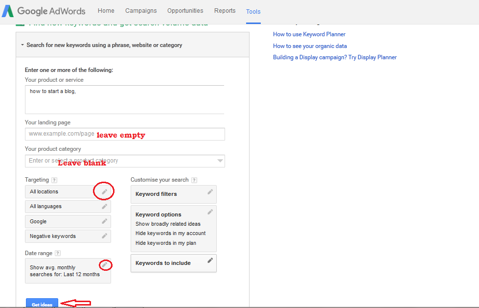 Find low competition keywords using Keyword planner
