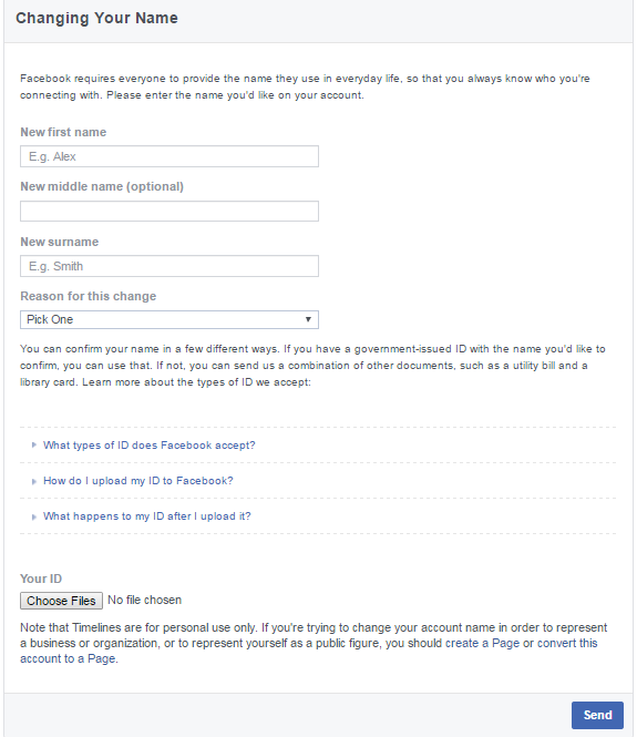 Facebook name change request form Facebook name change request form