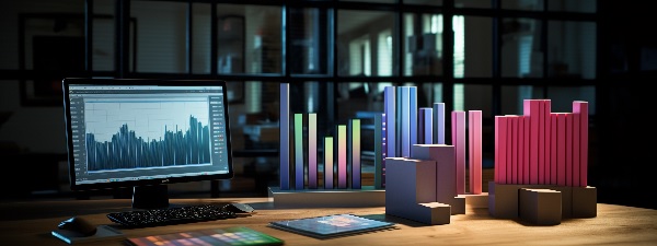 Stacks of bars on a table with a desktop computer